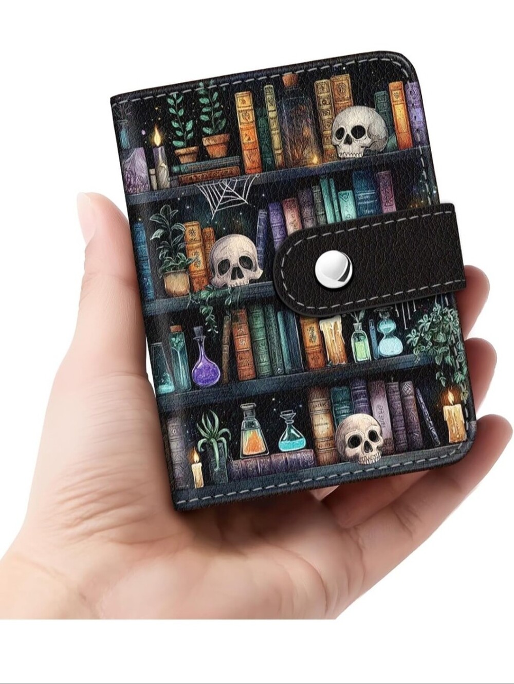 Compact Black Gothic Skull Shelves Card Wallet